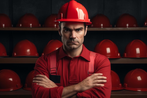 photo d'un homme avec un casque rouge et les bras croisés