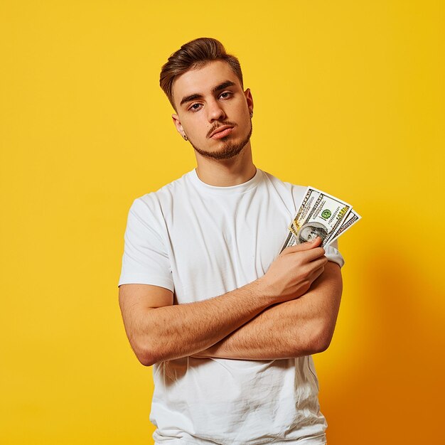 Photo photo d'un homme caucasien tenant des billets de banque et un portefeuille