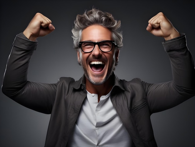 Photo photo d'un homme célébrant le succès et exprimant son bonheur avec un grand sourire sur le visage