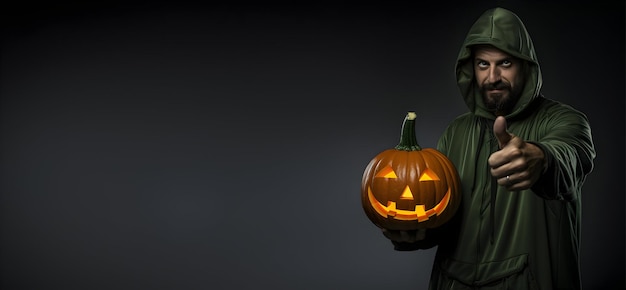 Photo homme avec citrouille pour le concept de jour d'halloween Bannière de vente d'Halloween