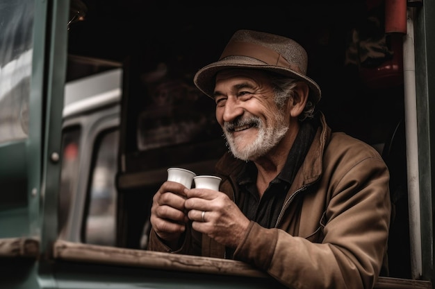 Une photo d'un homme dégustant un café d'un camion de café créé avec l'IA générative