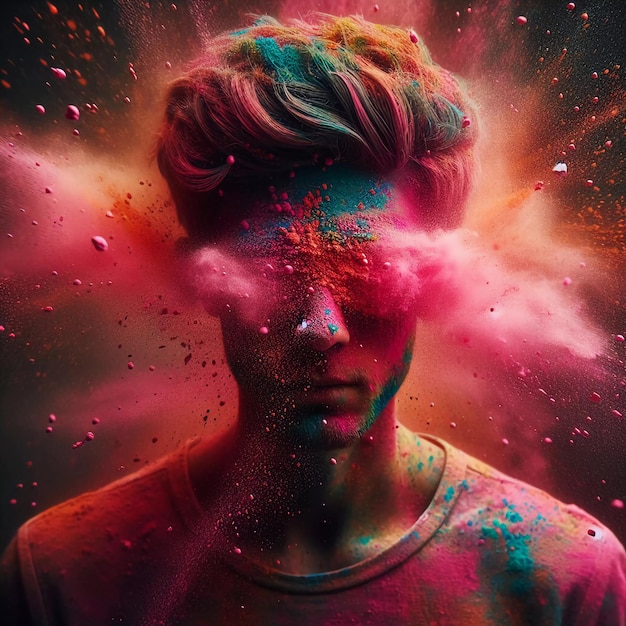 Photo d'un homme avec une éclaboussure de couleurs au festival de Holi