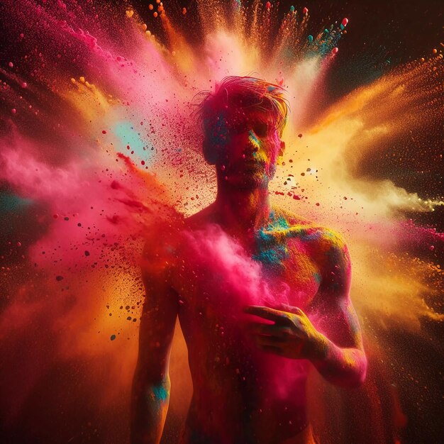 Photo d'un homme avec une éclaboussure de couleurs au festival de Holi