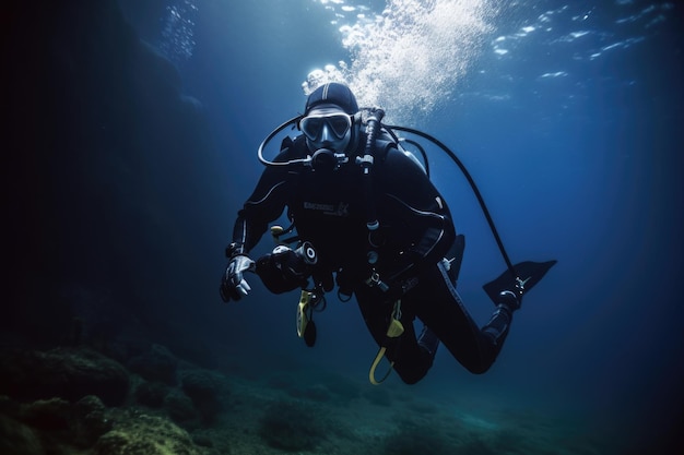 Une photo d'un homme faisant de la plongée sous-marine en utilisant son équipement de plongée créé avec l'IA générative