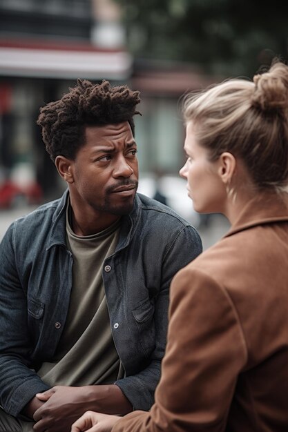 Photo une photo d'un homme et d'une femme discutant dehors créée avec l'ia générative