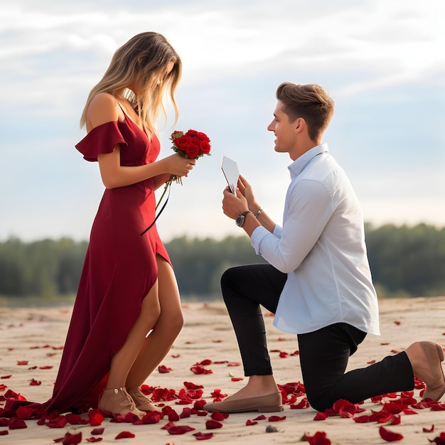 photo d'un homme à genoux remettant des roses rouges à une femme joyeux jour de la Saint-Valentin