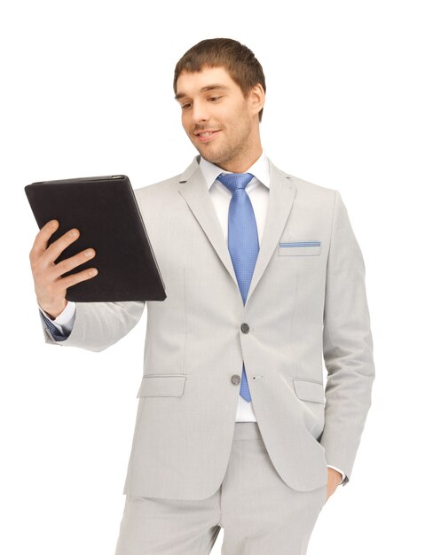 Photo d'un homme heureux avec un ordinateur tablet pc