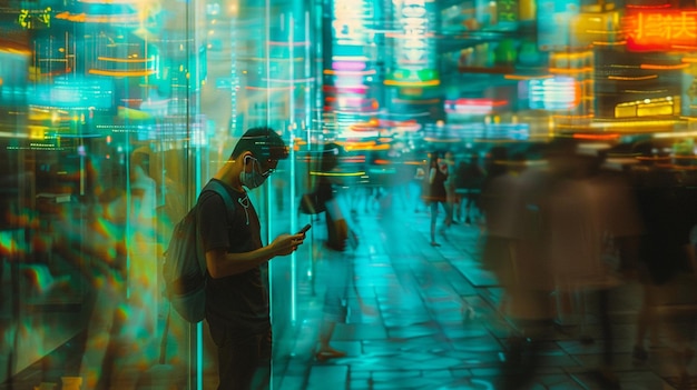 Photo une photo d'un homme immergé dans la technologie au milieu de la vie urbaine vibrante