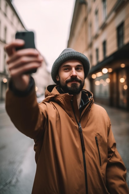 Une photo d'un homme inconnaissable utilisant un smartphone pour prendre des selfies à l'extérieur créée avec l'IA générative