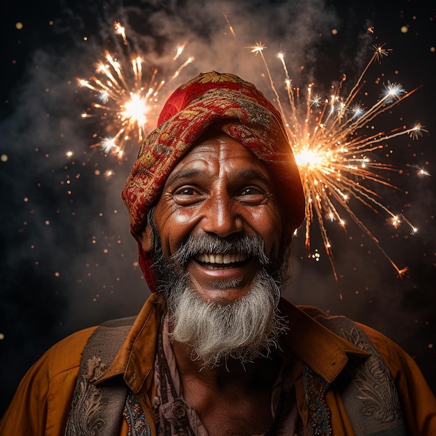 photo d'un homme indien souriant devant des feux d'artifice