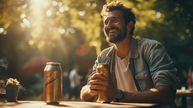 photo homme joyeux applaudit avec une bouteille à l'appareil photo générée par l'IA