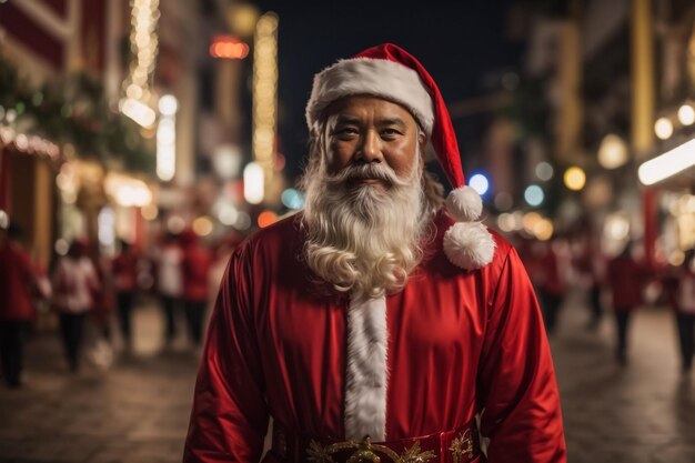 Photo d'un homme joyeux et funky blogueur portant un costume de Père Noël démontrant un voyage en ville illuminée