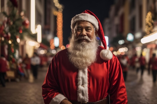 Photo d'un homme joyeux et funky blogueur portant un costume de Père Noël démontrant un voyage en ville illuminée