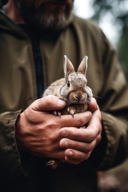 photo d'un homme méconnaissable tenant un lapin dans ses mains créé avec une IA générative