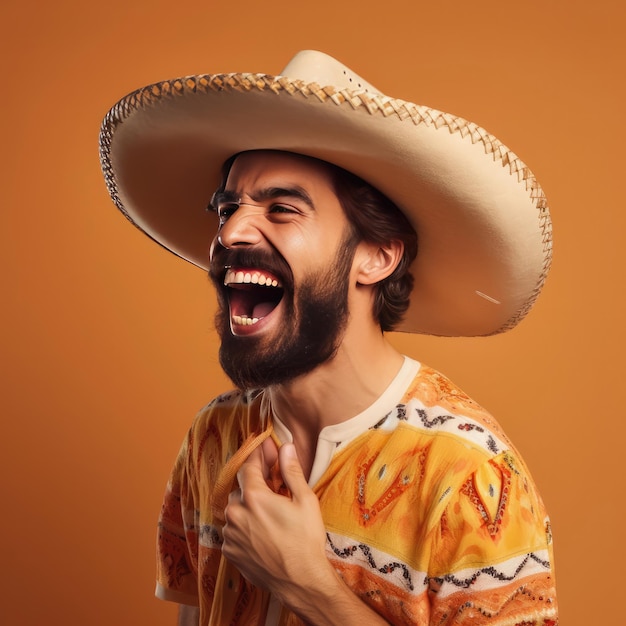 Photo d'un homme mexicain heureux portant un sombrero avec une barbe portant une chemise jaune