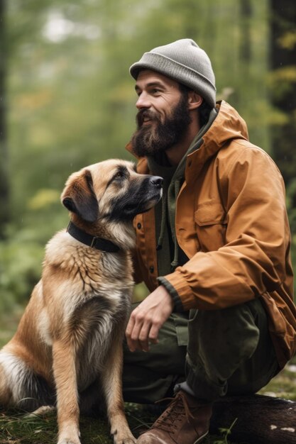 Une photo d'un homme passant la journée dans la nature avec son chien.