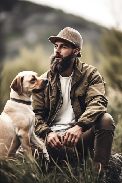 Photo une photo d'un homme passant la journée dans la nature avec son chien.