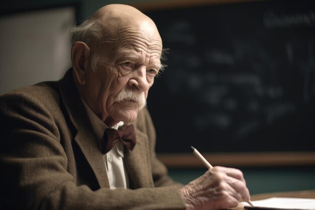 Photo d'un homme plus âgé assis dans une salle de classe et écrivant sur un tableau créé avec une IA générative