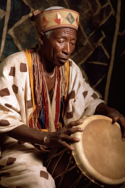 Une photo d'un homme portant des vêtements traditionnels et jouant d'un tambour créé avec l'AI générative