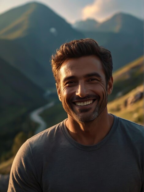 Une photo d'un homme souriant sur une montagne