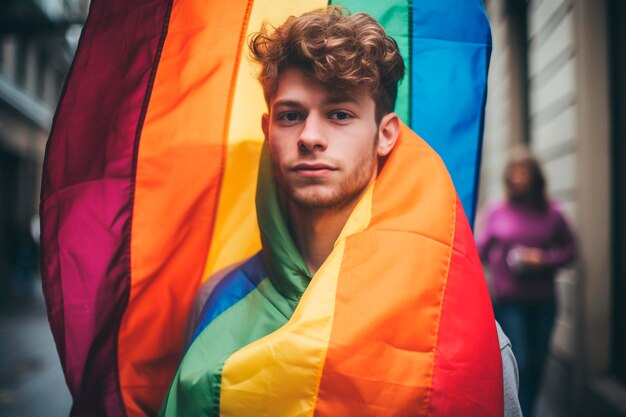 Photo d'un homme tenant un drapeau LGBT