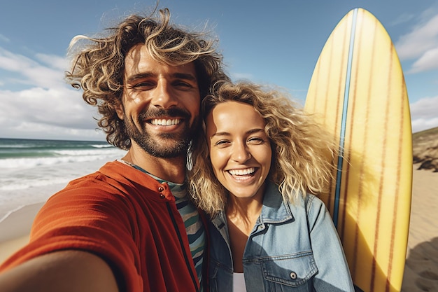 Photo d'un homme tenant une planche de surf en train de se faire un selfie