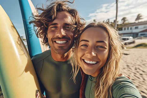 Photo d'un homme tenant une planche de surf en train de se faire un selfie