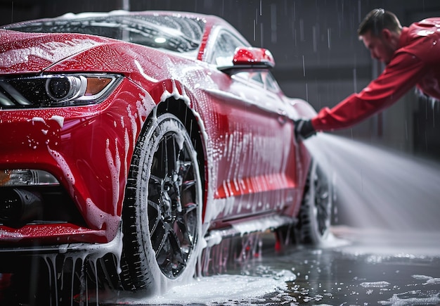 Photo d'un homme en train de laver une voiture sale dans un centre de service automobile