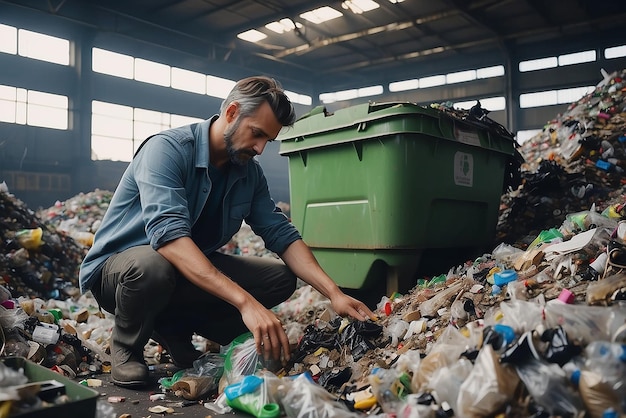 Une photo d'un homme triant les déchets dans une usine de recyclage créée avec l'AI générative