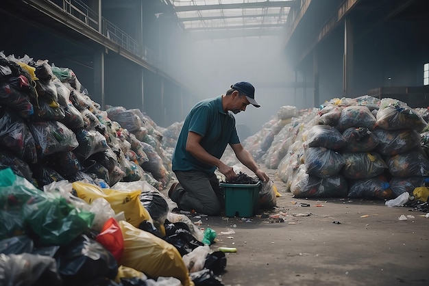 Une photo d'un homme triant les déchets dans une usine de recyclage créée avec l'AI générative