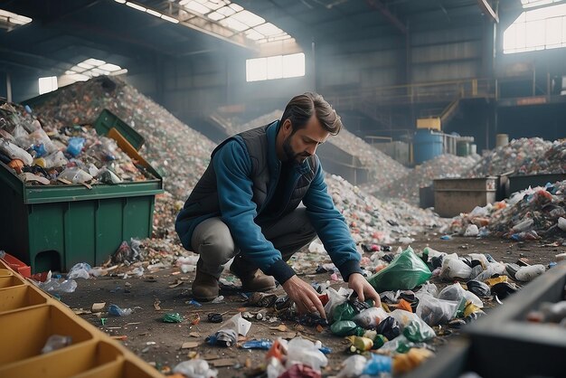 Une photo d'un homme triant les déchets dans une usine de recyclage créée avec l'AI générative