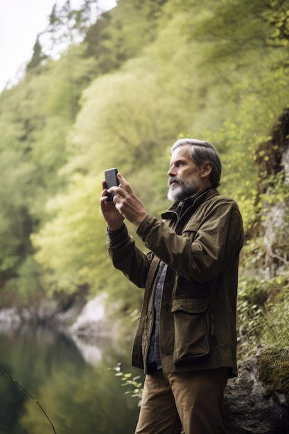 Une photo d'un homme utilisant son smartphone pour prendre des photos dans la nature créée avec l'IA générative