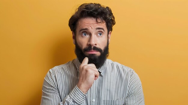 Photo une photo horizontale d'un homme barbu réfléchi qui tient le menton et regarde pensivement.