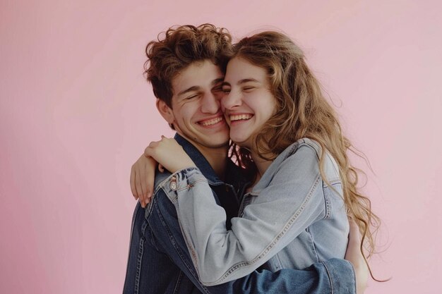 Une photo horizontale d'une petite amie heureuse et d'un petit ami qui s'embrassent avec amour isolés au-dessus du mur.