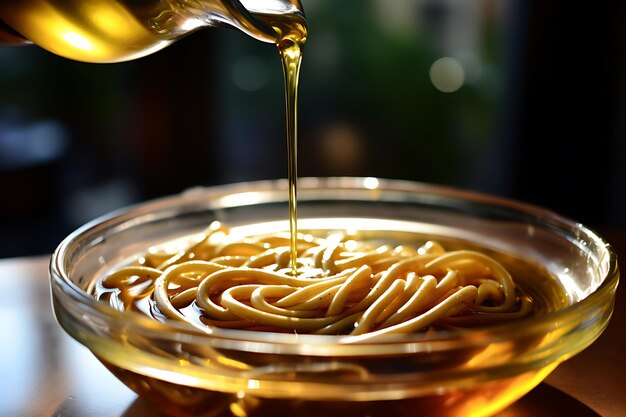 Une photo d'huile d'olive versée sur des pâtes