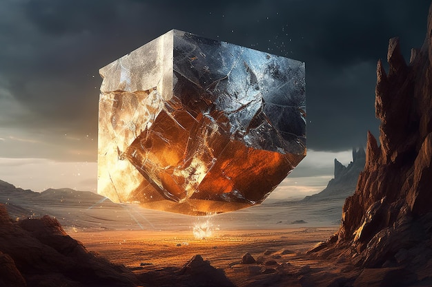 photo hyperréaliste d'un cube qui ressemble à un rocher et qui est un morceau de glace et de rochers Generative AI