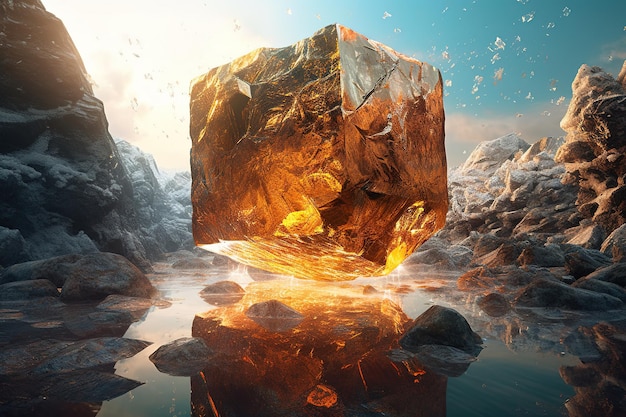 photo hyperréaliste d'un cube qui ressemble à un rocher et qui est un morceau de glace et de rochers Generative AI