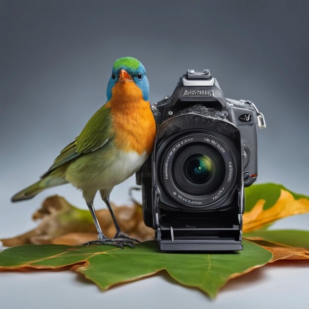 Photo photo il y a un oiseau assis sur une caméra avec une feuille générative