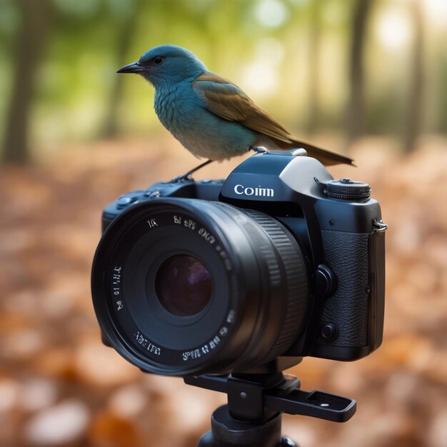 Photo photo il y a un oiseau assis sur une caméra avec une feuille générative