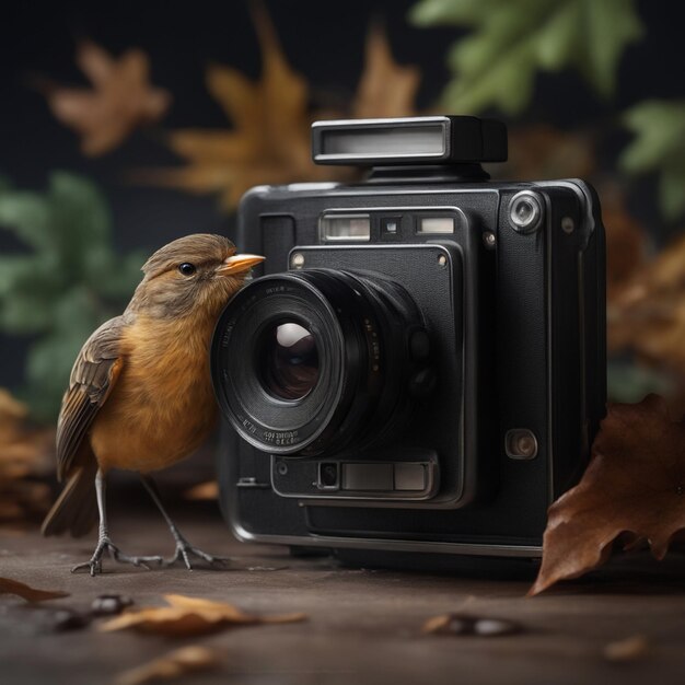 Photo il y a un oiseau assis sur une caméra avec une feuille générative