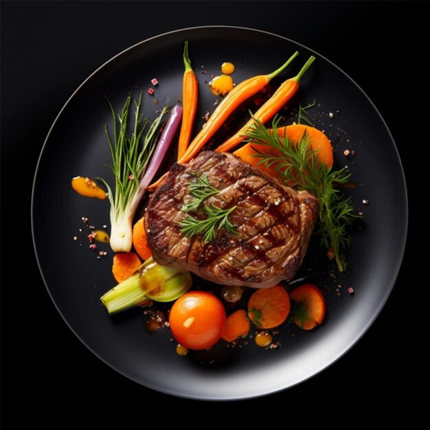 Sur la photo, il y a un steak succulent accompagné de légumes frais.