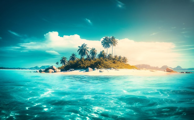 Une photo d'une île tropicale avec des palmiers et l'océan