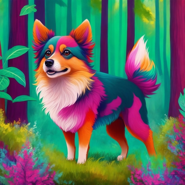 Photo d'une image colorée d'un chien avec un collier rouge et un fond de forêt bleue