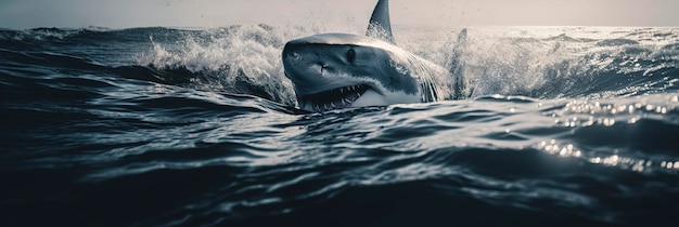 Photo impressionnante d'un requin blanc en colère dans la mer d'un bleu profond AI générative