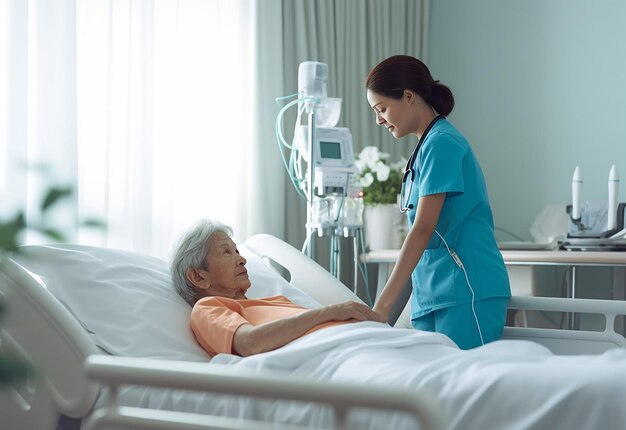 Photo d'une infirmière aidant le patient à s'occuper d'un vieux patient