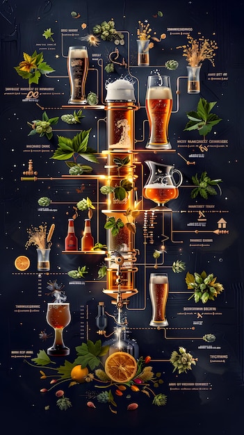 Photo infographique ultra réaliste du processus de brassage de la bière De la sélection du houblon à la mise en bouteille