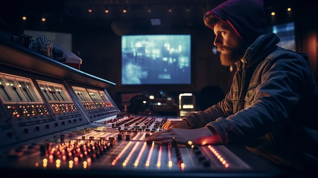 Une photo d'un ingénieur du son devant une table de mixage