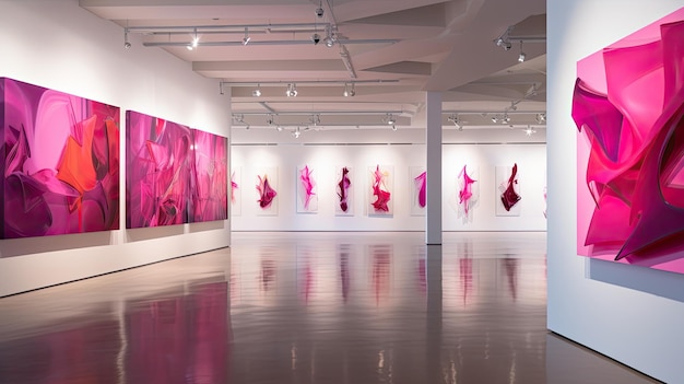 une photo d'une installation d'art abstrait magenta dans une galerie contemporaine