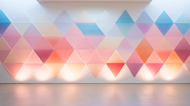 Une photo d'une installation d'art géométrique sur un fond de mur blanc d'un musée