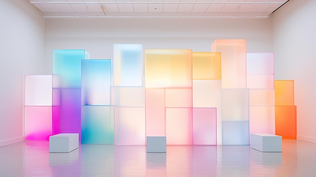 Une photo d'une installation artistique colorée en toile de fond blanche